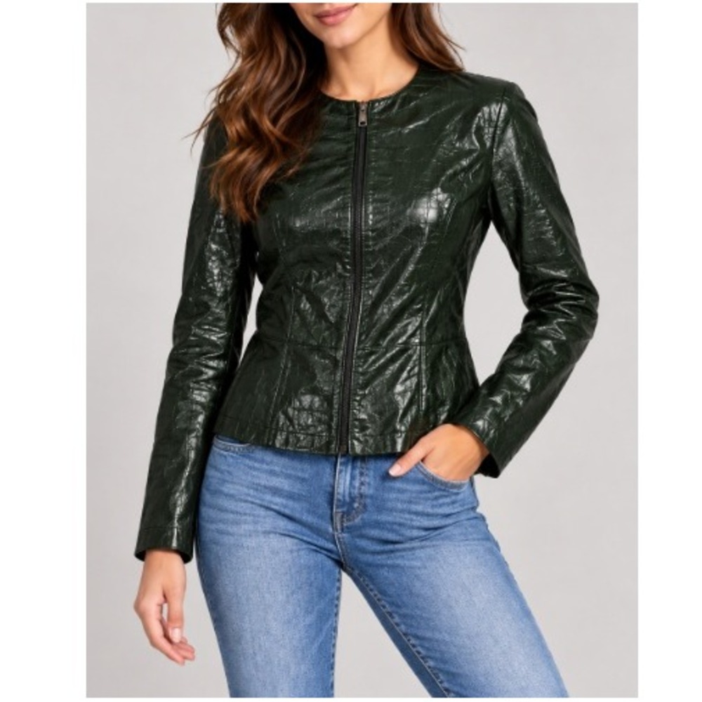 Bagatelle Dark Green Leather Princess Seam Zip Front Peplum Jacket Size M NWT